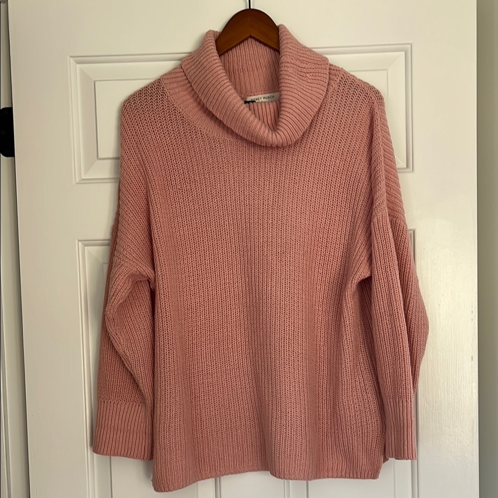 Soft Pink Cowl Neck Sweater with Ribbed Knit and Relaxed Fit